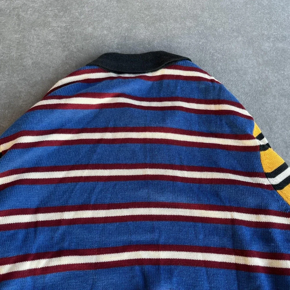 HOMME + FEMME Sweater Mens 2XL‎ Blue Yellow Striped Polo Collar Knit Logo Patch